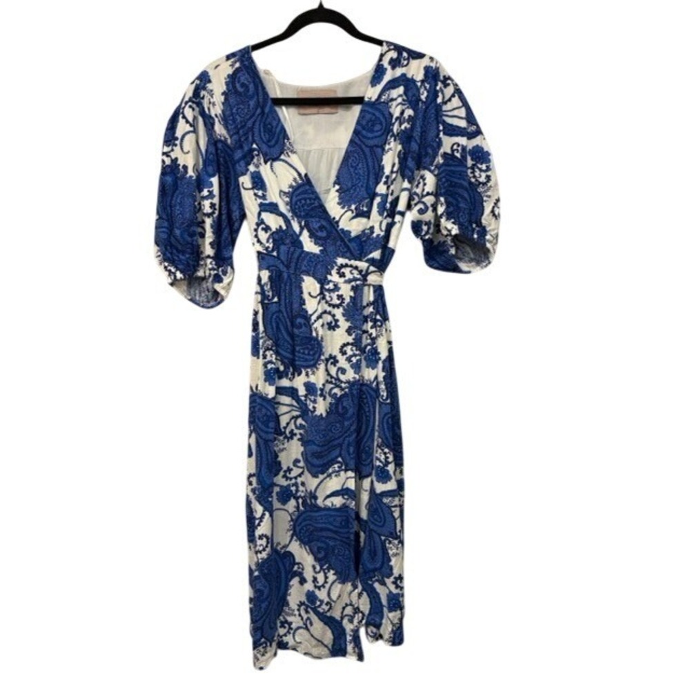 White Closet Elements Paisley Wrap Dress Large Blue Puff Sleeve Boho Cottage